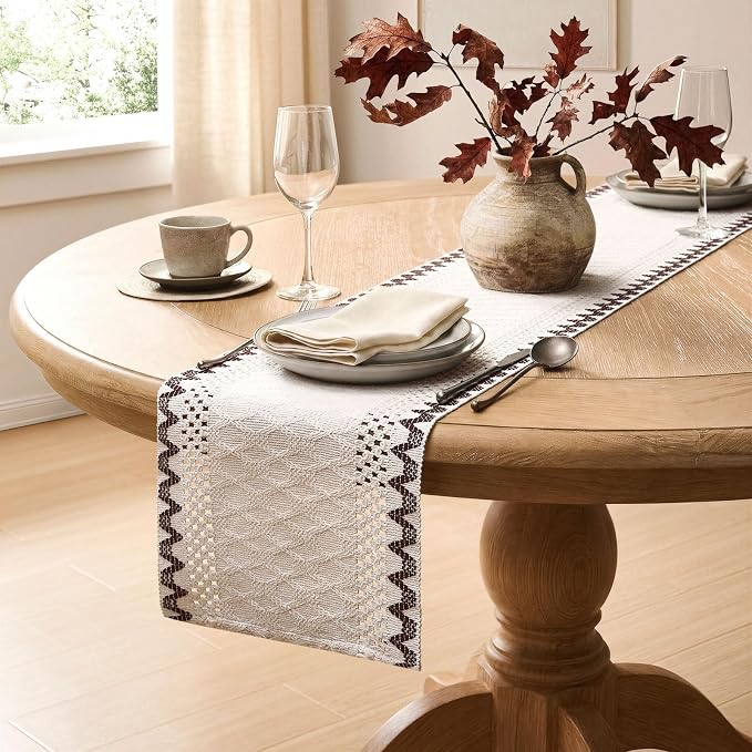 Macrame Side Trim Boho Woven Table Runner, Chocolate 12x72 Inch | Crochet - Image 5