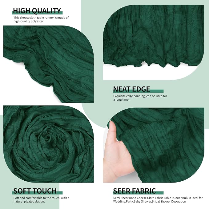 12 Pack Dark Green Cheesecloth Table Runner 10Ft, Christmas Table Runner 21.5 X - Image 3