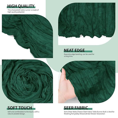 4 Pack Pack Dark Green Cheesecloth Table Runner 10Ft, Christmas Table Runner - Image 3