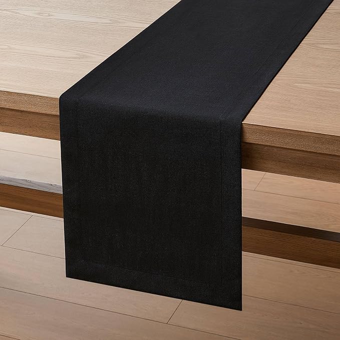 Linen Textured Border Table Runner, 14 x 60 Inch Black | Mitered Corner Design - Image 7