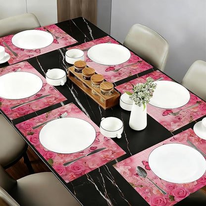 Table Placemats Set of 6,Spring Flowers Cloth Placemats,Pink Butterfly Rose Floral Heat-Resistant Table Mats for Kitchen Dining Room Decoration,Non-Slip Fabric Place Mats 11.8x17.7 Inch