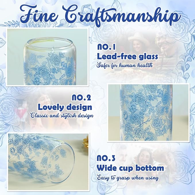 Sliner 2 Pcs Blue Flower Glass Cups Floral Gifts Drinking Glasses 16 oz Iced - Image 2