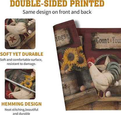 Farmhouse Rooster Placemats Set of 4 Farm Animal Chicken Place Mats 12x18 Inch Vintage Rustic Country Linen Table Mat Washable Non-Slip Placemat for Party Kitchen Dining Decor