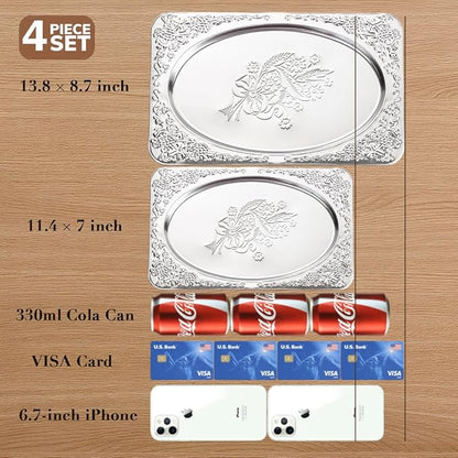 4-Pack Small Silver Serving Trays Set - ZENOVLUX Oval Vintage Engraved Mirror Decorative Tray, 11.4" x 7" Party Platters for Valentine's Day, Food, Appetizer, Charcuterie, Cookies, Desserts