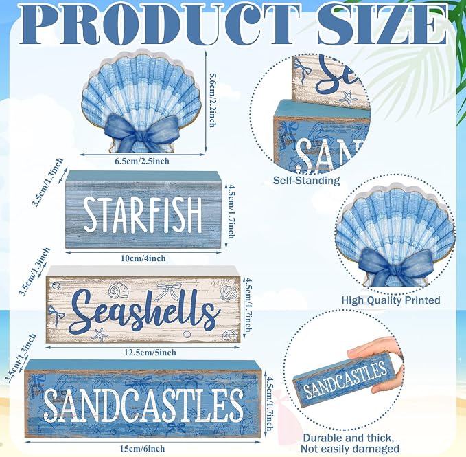 Moucuny 4 Pcs Nautical Beach Decor Shell Tiered Tray Decoration Blue Bow Table - Image 3
