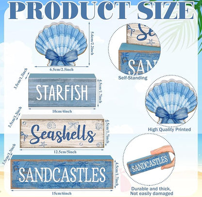 Moucuny 4 Pcs Nautical Beach Decor Shell Tiered Tray Decoration Blue Bow Table - Image 3