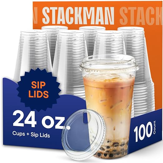 24 oz Clear Plastic Cups with Strawless Sip Lids by StackMan