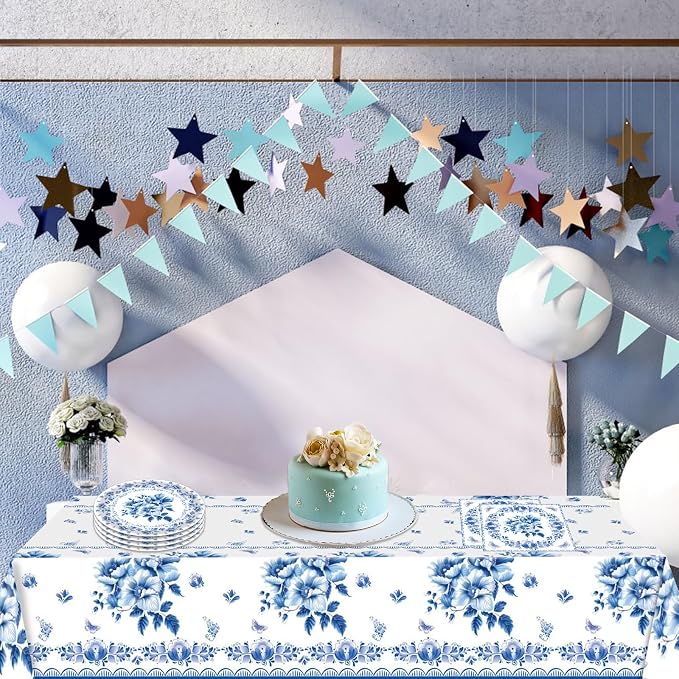 41Pcs Blue White Floral Party Decorations Disposable Tableware Set Serves 20 - Image 6