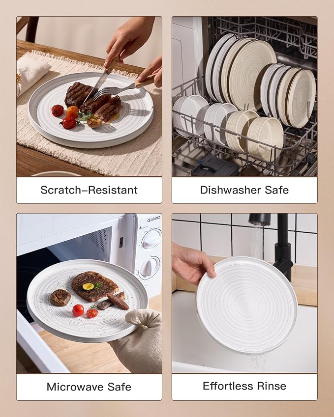 Stoneware Dinnerware Sets for 8, Reactive Glaze Plates and Bowls Set, Chip & - Image 5