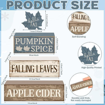 Moucuny 4 Pcs Fall Table Decoration Rustic Blue Maple Leaf Stacked Wooden Block - Image 3