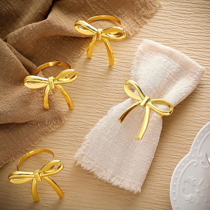 12 Pcs Gold Bow Napkin Rings, Metal Butterfly Napkin Holders by Gandeer