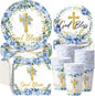 Pickmesh 250 Pcs Blue Baptism Cross Disposable Tableware Set First Holy Communion Baptism Disposable Paper Plates Napkins and Cups for Christening Celebration Baby Shower Religious Supplies