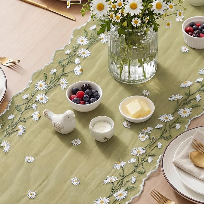 Artoid Mode Daisy Floral Fern Green Shaped Gauze Embroidery Table Runner 120 - Image 3