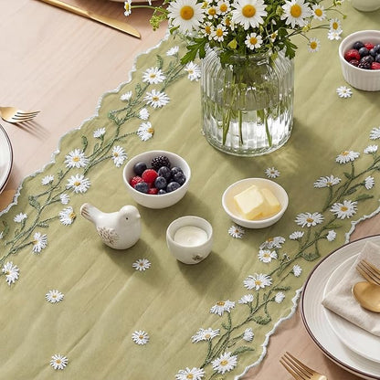 Artoid Mode Daisy Floral Fern Green Shaped Gauze Embroidery Table Runner 120 - Image 3
