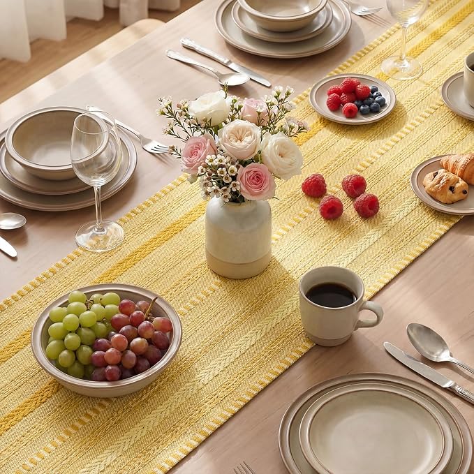 Artoid Mode Yellow Farmhouse Stripe Braided Table Runner 12x72 Inch | Holiday - Image 4