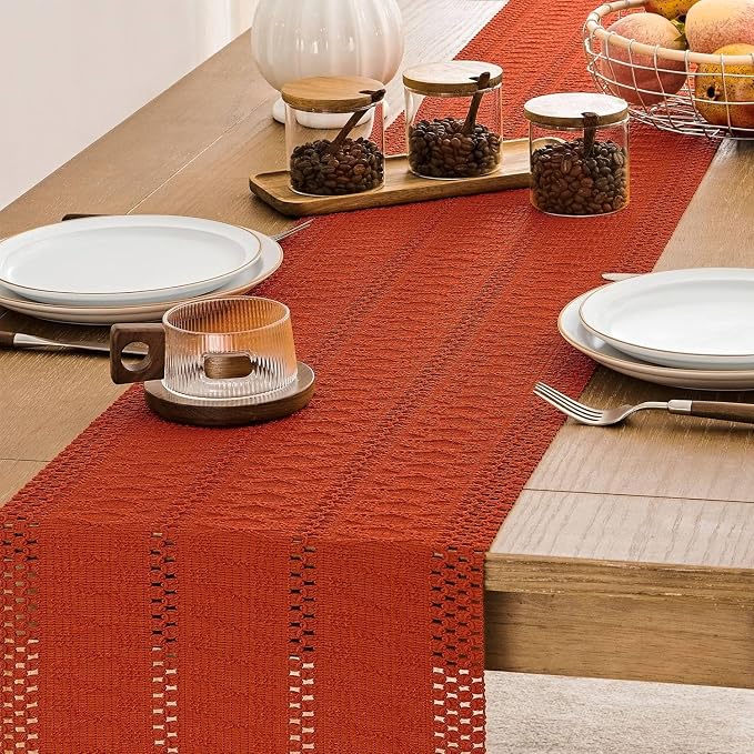 Macrame Style Boho Table Runner, 12x72 Inch Dark Orange | Woven Boho Table - Image 5