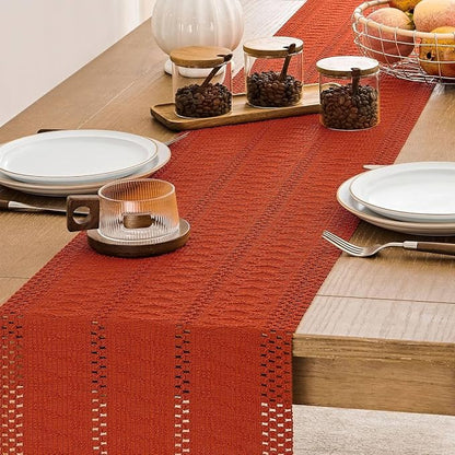 Macrame Style Boho Table Runner, 12x72 Inch Dark Orange | Woven Boho Table - Image 5