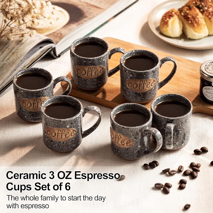 LYEOBOH Espresso Cups, Coffee Cups, Tea Cup - 3 oz Grey Ceramic Set of 6 - Image 3