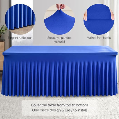 Wish Care 6 Pack Royal Blue Spandex Table Clothes for 6 Foot Rectangle Tables, 6FT Wrinkle Free Fitted Tablecloths Ruffles Design Table Cloth for Party, Banquet, Wedding and Events