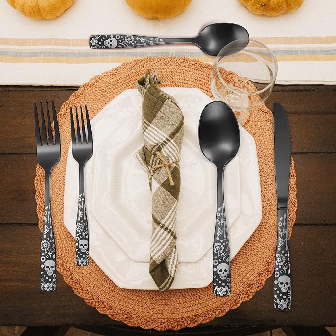 Pattern Matte Silverware Set for 8, 40 Piece Gothic Black Flatware set - Image 6