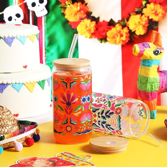 Sliner 2 Pcs Mexican Glass Cups Fiesta Cinco De Mayo Drinking Tumbler Mandala - Image 2