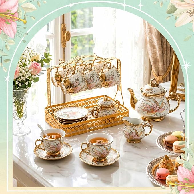 22 Pcs Porcelain Tea Set with Metal Holder, Vintage European Floral Tea Set - Image 3