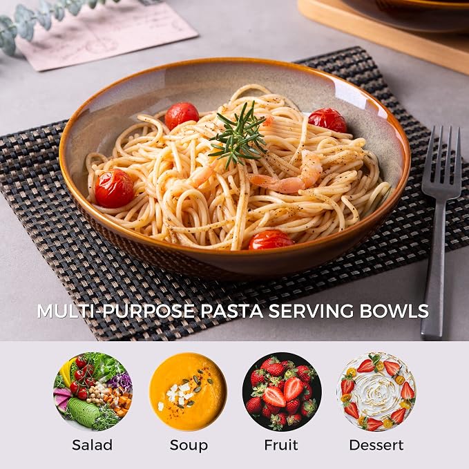 LERATIO 9.0" Ceramic Pasta Bowls Set of 4, 38oz Large Stoneware Bowls Set | - Image 5