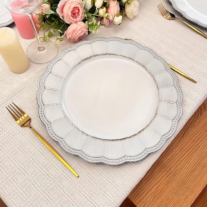White Antique Charger Plates, 13 Inch Metallic Chargers - Image 6