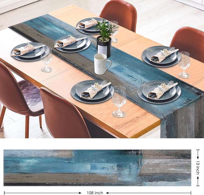 Emvency Table Runner, 13x72 Inch, Abstract Modern Blue | Grey Painting Dining - Image 2