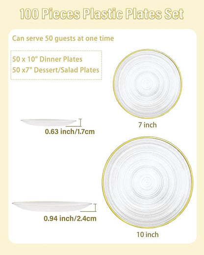 Morejoy 100Pcs Clear Plastic Plates,Clear Disposable Plates With Gold Rim,Heavy-duty Gold Plate, Modern swirl design Plate Include 50Clear Dessert-Platos,50Dinner-Platos for Party&Christmas