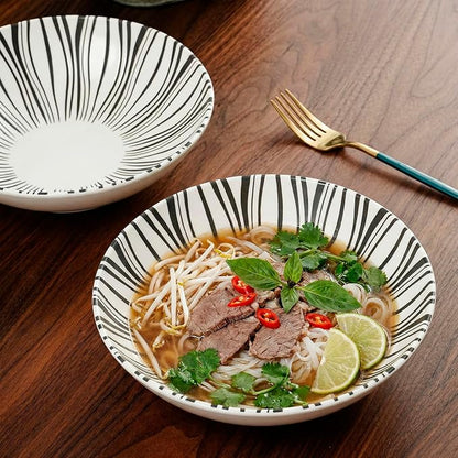 8 Inch Ceramic Bowl Set of 2, Classic Black and White Pasta Bowl, Salad Bowls - Image 2