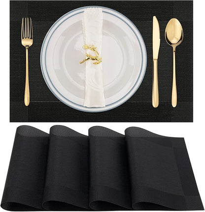 Winknowl Placemats Set of 4, Washable Vinyl Woven Placemats, Heat Resistant & Wipeable Table Mats for Kitchen Dining Table (Black)