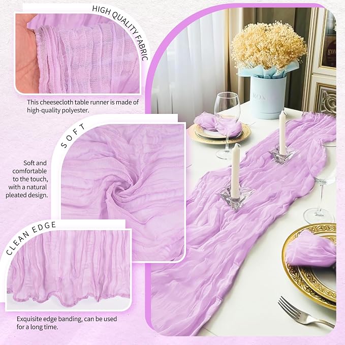 Showgeous 2 Pack Lilac Cheesecloth Table Runners Boho Wedding Decor | Rustic - Image 3