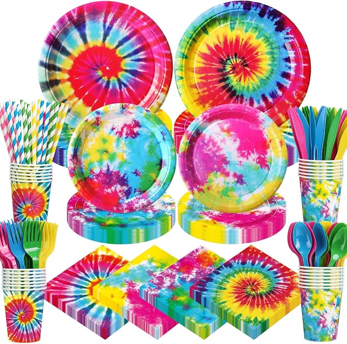 450 Pcs Tie Dye Party Tableware Set Decorations, Serves 50 | Rainbow Birthday by Unknown