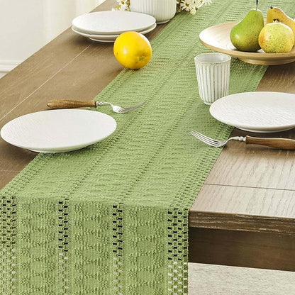 Macrame Style Boho Table Runner, 12x90 Inch Green | Woven Boho Table Runner - Image 5