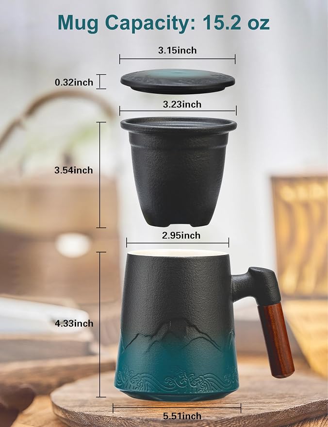 suyika Tea Cup with Infuser and Lid, 15.2 Ounce Wood Handle Ceramic Loose Leaf - Image 3