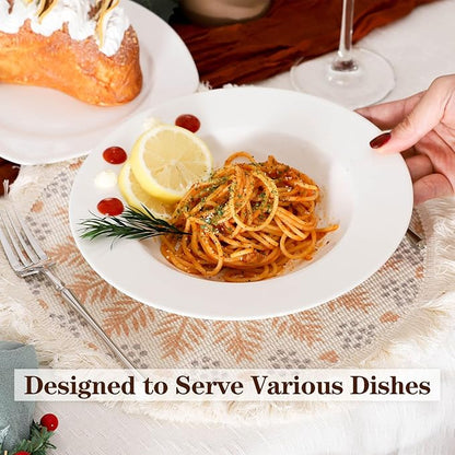 8.5 Inch Ceramic Soup Plate Set of 6, 8 Ounces Wide Rimmed Porcelain Soup Bowl, White Pasta Plates for Salad, Appetizer, Snack, Pizza, Microwave and Dishwasher Safe