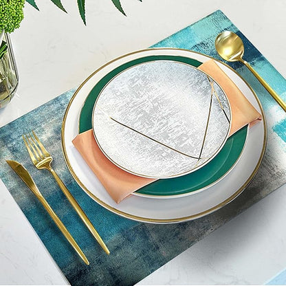 Mcalk Farmhouse Turquoise Table Runner and Placemats Set of 6 Pieces,Teal Turquoise Placemats Modern Art,Blue Grey Abstract Art Cloth Place Mats for Kitchen,Linen Material for Dining Table