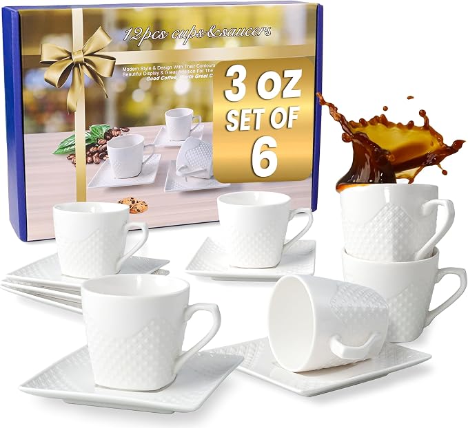 FUOCCI Turkish Coffee Cup Set of 6, Espresso Cups & Saucer, 3 oz Porcelain | by FUOCCI