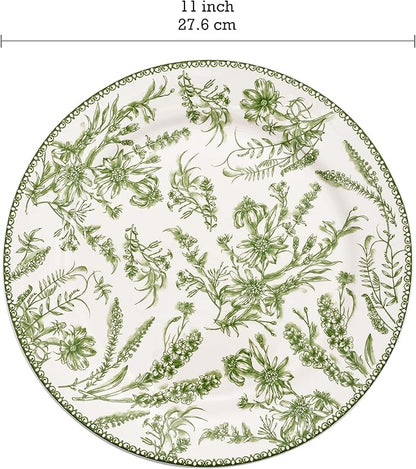 Bico Green Garden Toile De Jouy Dinner Plates Set of 4, 11 Inch Large Ceramic Plates for Pasta, Steak, Stylish Serving Dishes, Microwave and Dishwasher Safe, Gift for Housewarming and Thanksgiving