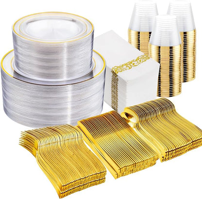 WELLIFE 350Pcs Clear and Gold Plastic Plates for 50 Guests - Disposable Plates for Party, Includes 100 Gold plates,150 Plastic Silverware, 50 Napkins, 50Cups, Disposable Dinnerware Set