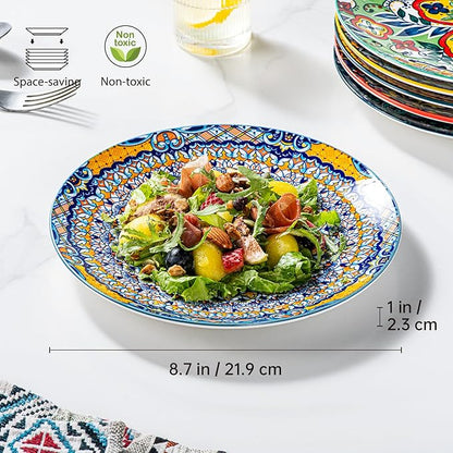 HENXFEN LEAD Ceramic Dessert, Salad Plates 8.5 Inch, Small Dinner Plate Set of 6- Serving Dishes for Thanksgiving & Christmas, Dishwasher & Microwave Safe - Bohemian Style