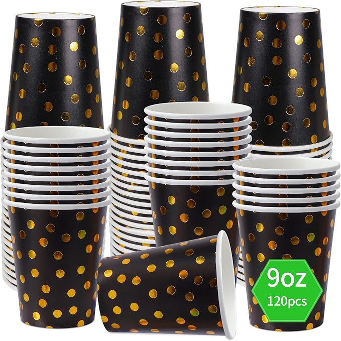 120 Pack Black And Gold Paper Cups-9 oz Disposable Paper Cups by Sveikie