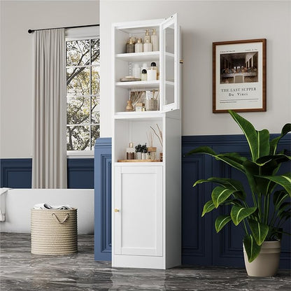 Metal Storage Cabinet with Glass Door, Tall Slim Pantry Organizer with 3 Adjustable Shelves (120LBS/Shelf), Anti-Tipping Waterproof Cabinet for Kitchen/Home Office/Small Spaces,(1PC,White)