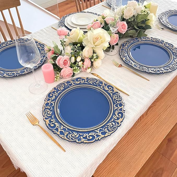 Antique Charger Plates with Gold Rim, 13 Inch Royal Blue Dinner Plate Chargers - Image 4