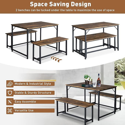 Kitchen Table Set with 2 Benches, Breakfast Nook Table Set, Wood Dining Table Set for 4-Person Space-Saving Dinette for Kitchen, Farmhouse Classic Modern, Rustic Brown