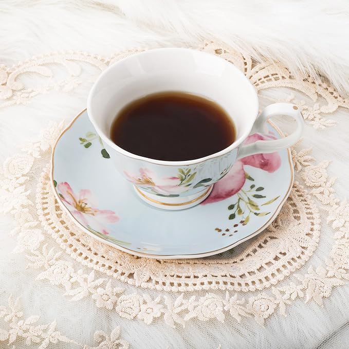 fanquare 5-Ounce Floral Tea Cups and Saucers Set of 6, Dishwasher & Freezer - Image 2