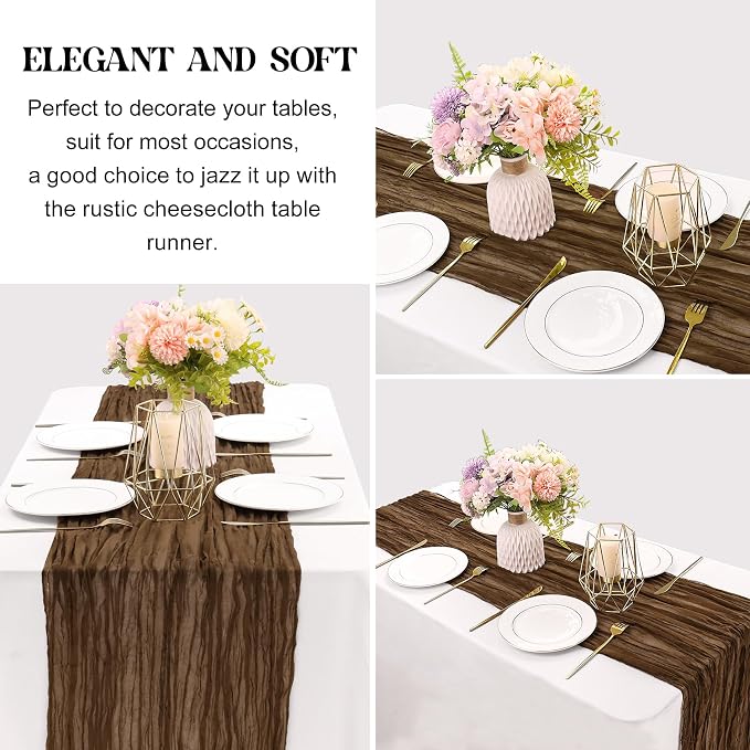 Brown 10FT Cheesecloth Table Runner Boho Gauze Fabric Table Runner Rustic Sheer - Image 3