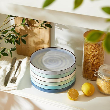 Sweese 7.8 Inch Porcelain Dessert Plates Set of 6 - Gradient Salad Plates, Microwave & Dishwasher Safe, Scratch-Resistant, Elegant High-Edge Design for Appetizers, Cakes, Pasta - Cool Assorted Colors