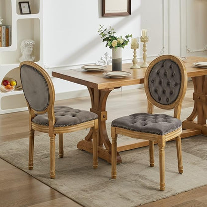 Ball & Cast French Vintage Upholstered Dining Chairs Set of 2, Button Tufted Kitchen Side-Chairs with Carved Antique Wood Frame & Nailhead Trims, 2-Piece Curved Backrest Louis Chair, Velvet Gray